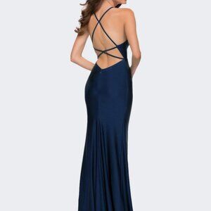 La Femme Navy Blue Cross Back Jersey Ruched Trumpet Gown